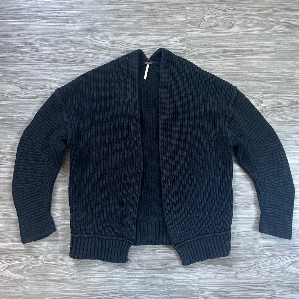Free People Nightingale Cardigan Black Chunky Knit Open Front Sweater Small